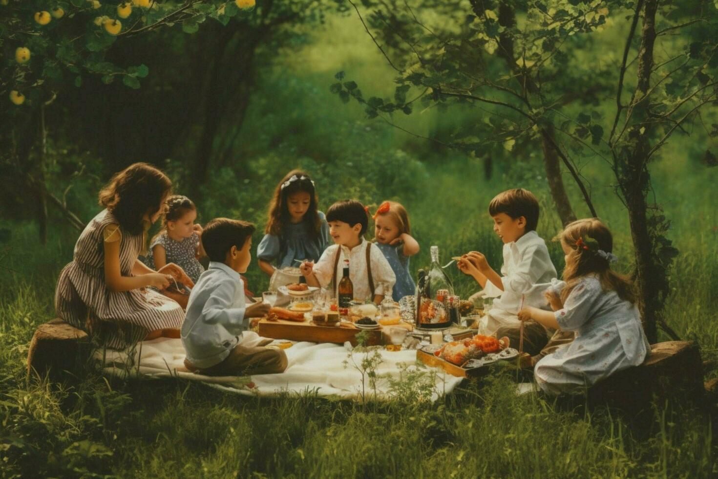 A group of kids enjoying a picnic photo