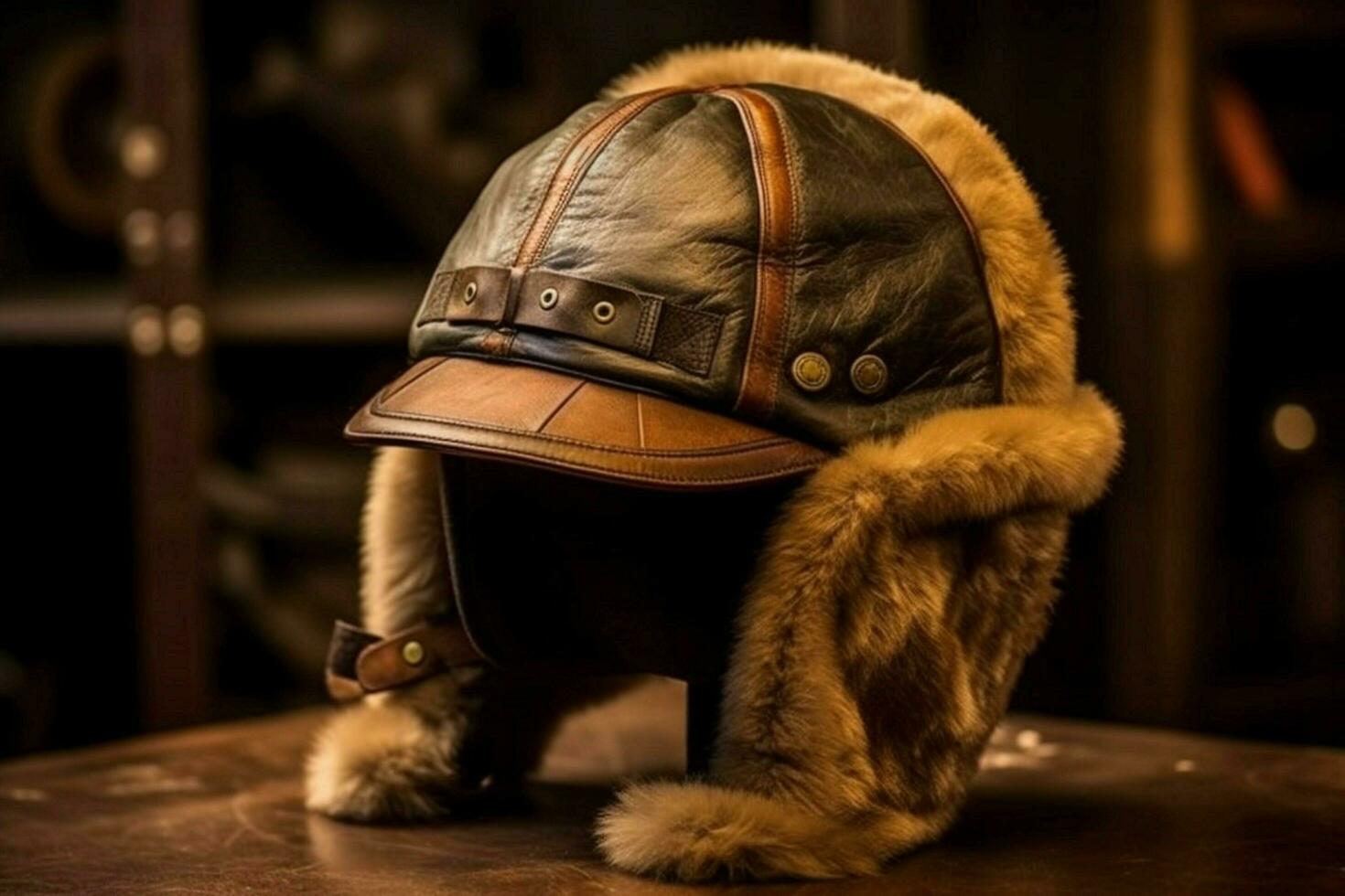 A leather aviator cap with fur trim photo