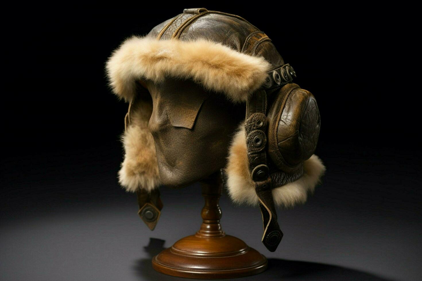 A leather aviator cap with fur trim photo