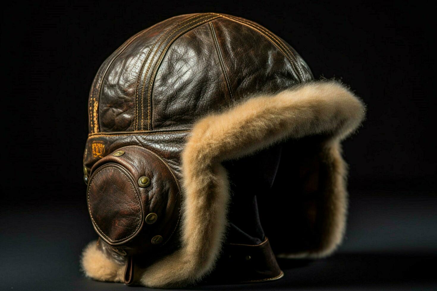 A leather aviator cap with fur trim photo