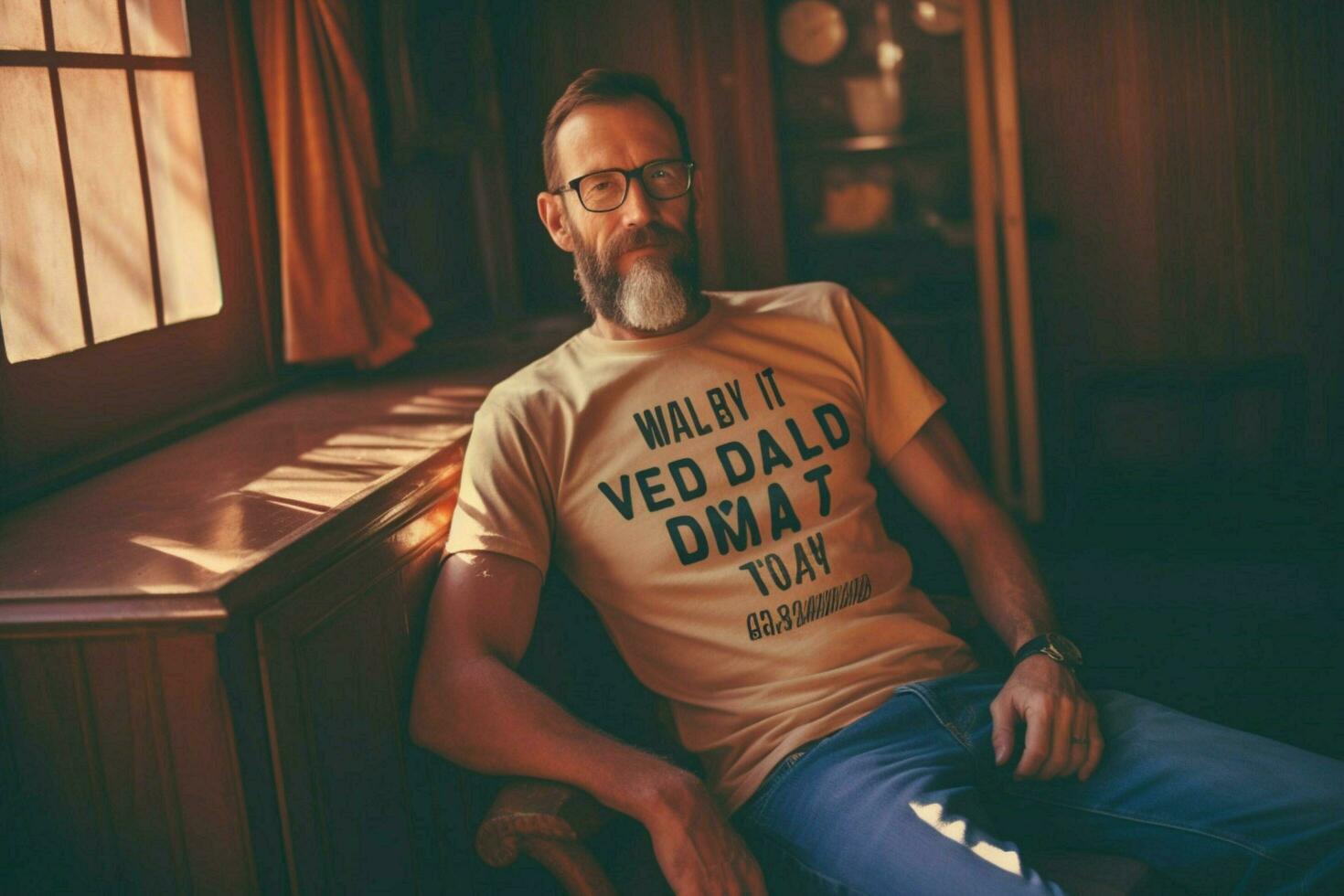 A man proudly wearing a Worlds Best Dad t-shirt photo