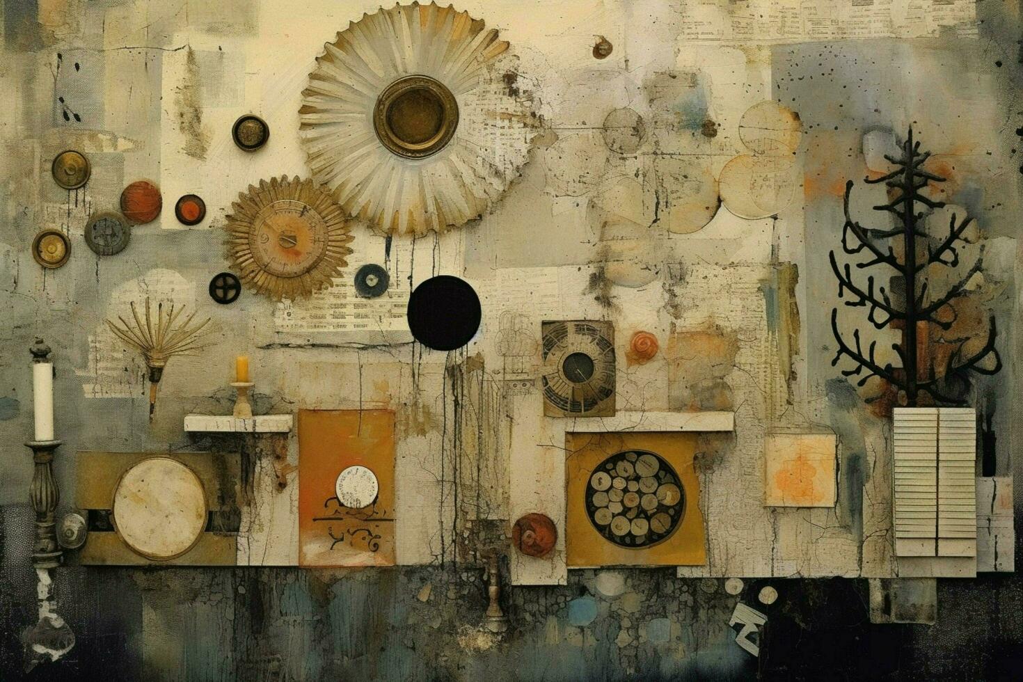 A mixed media piece with a variety of textures and photo