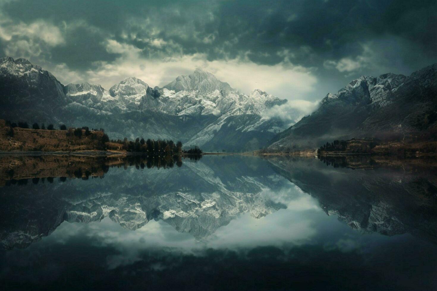 A mountain range reflecting in a perfectly mirrored photo
