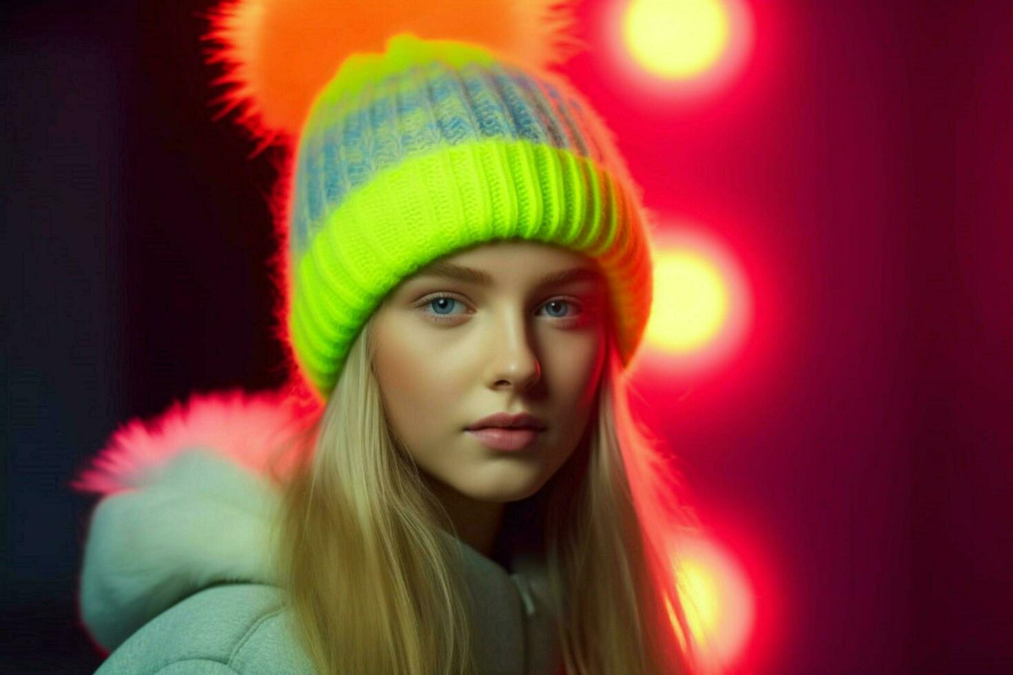 A neon beanie with a pom-pom on top photo