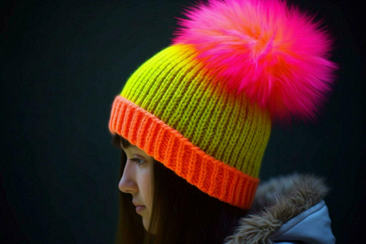 A neon beanie with a pom-pom on top photo