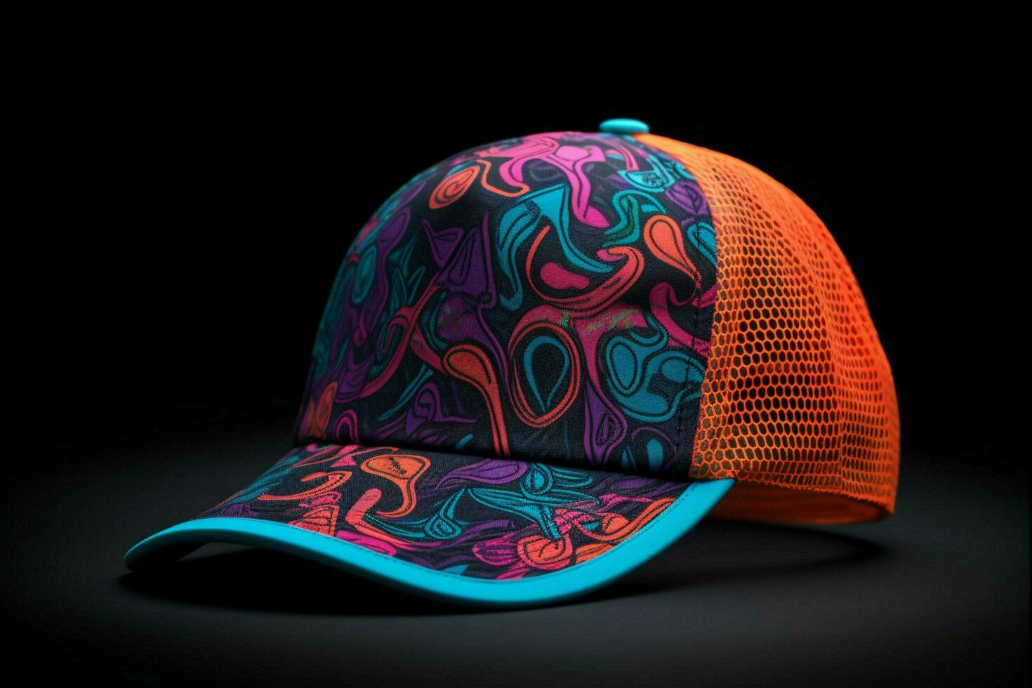 A neon trucker hat with a graffiti pattern photo