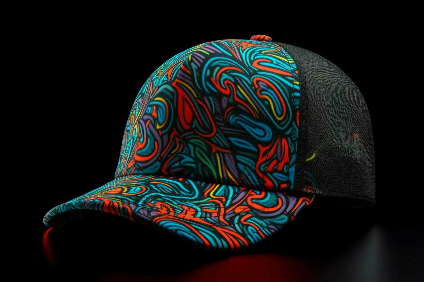 A neon trucker hat with a graffiti pattern photo