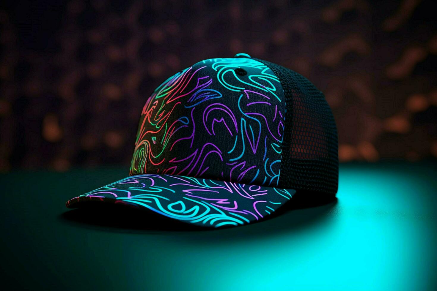 A neon trucker hat with a graffiti pattern photo