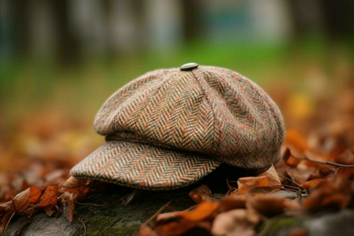 A newsboy cap with a tweed pattern photo