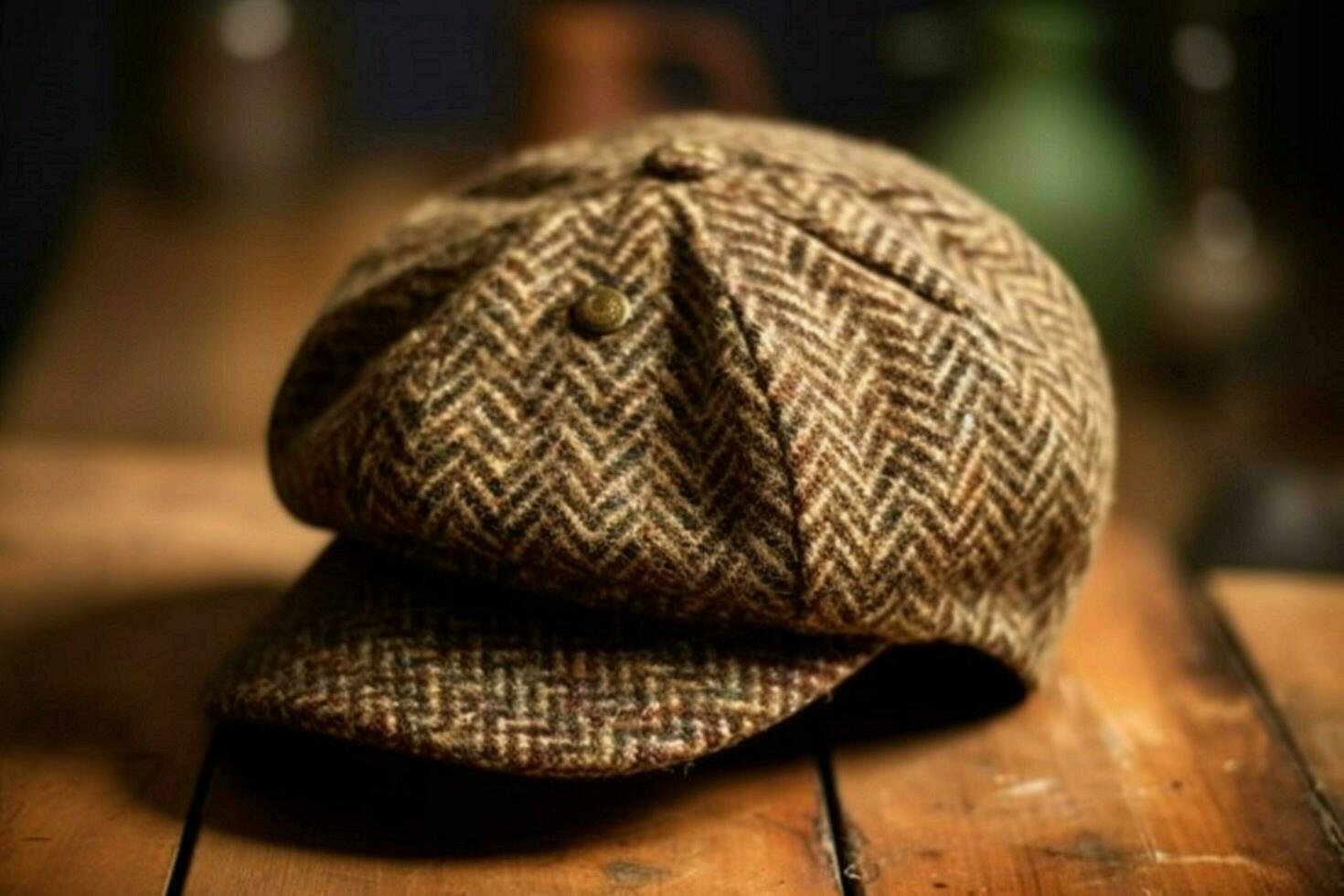 A newsboy cap with a tweed pattern photo