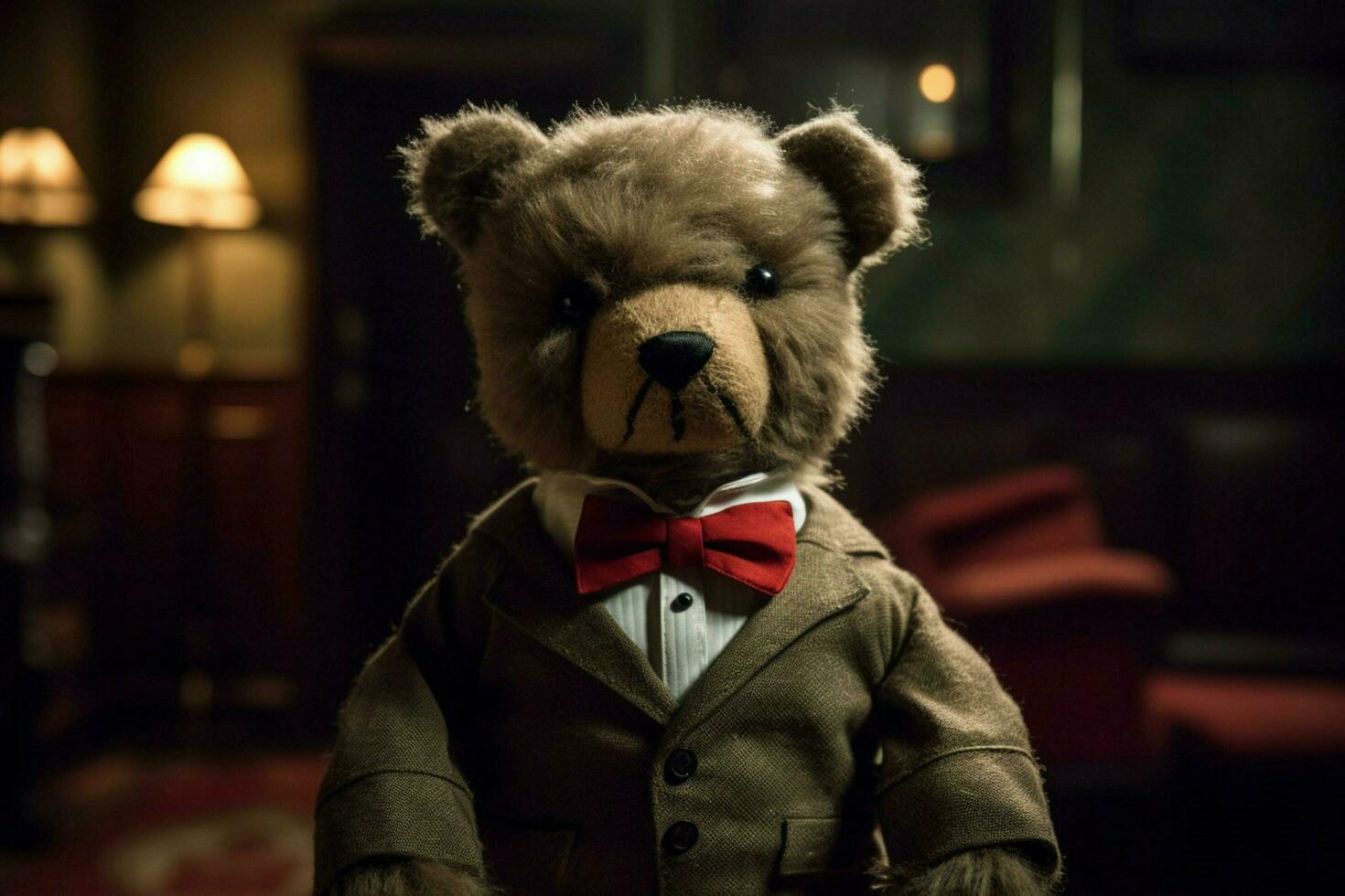 A plush teddy bear with a bow tie photo