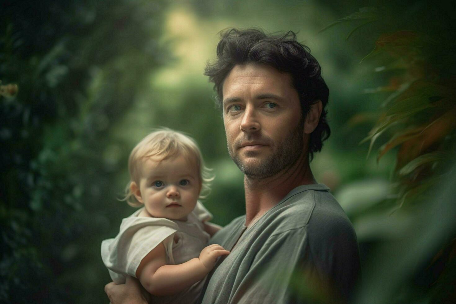 A portrait of a father and child in natural setting photo