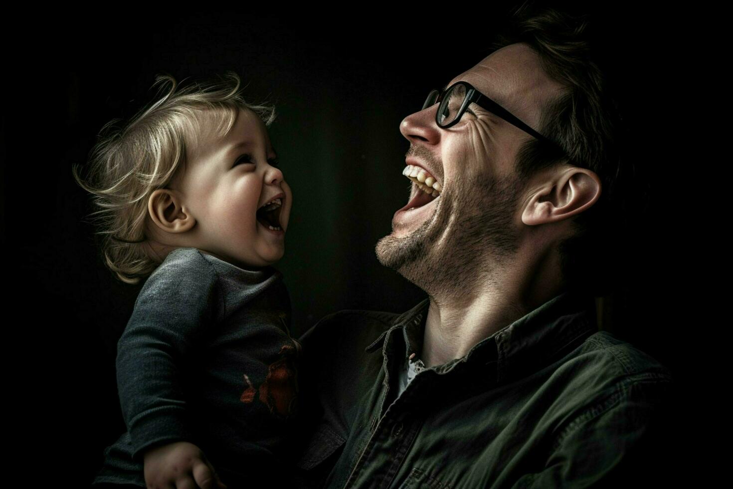 A portrait of a father and child laughing and havin photo