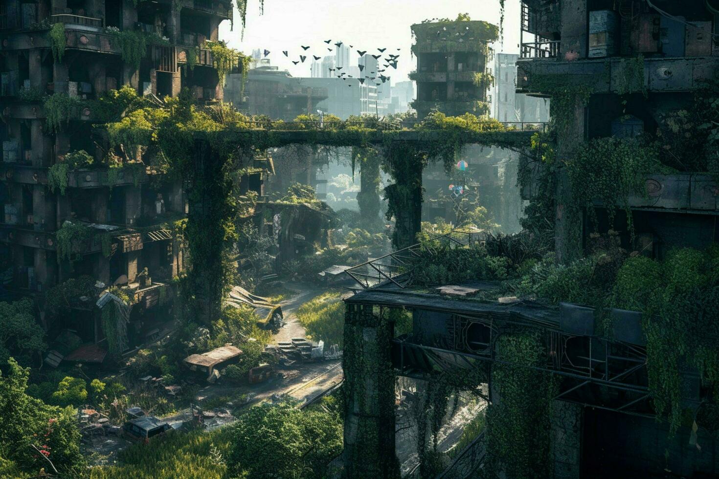 A post-apocalyptic city with overgrown vegetation photo