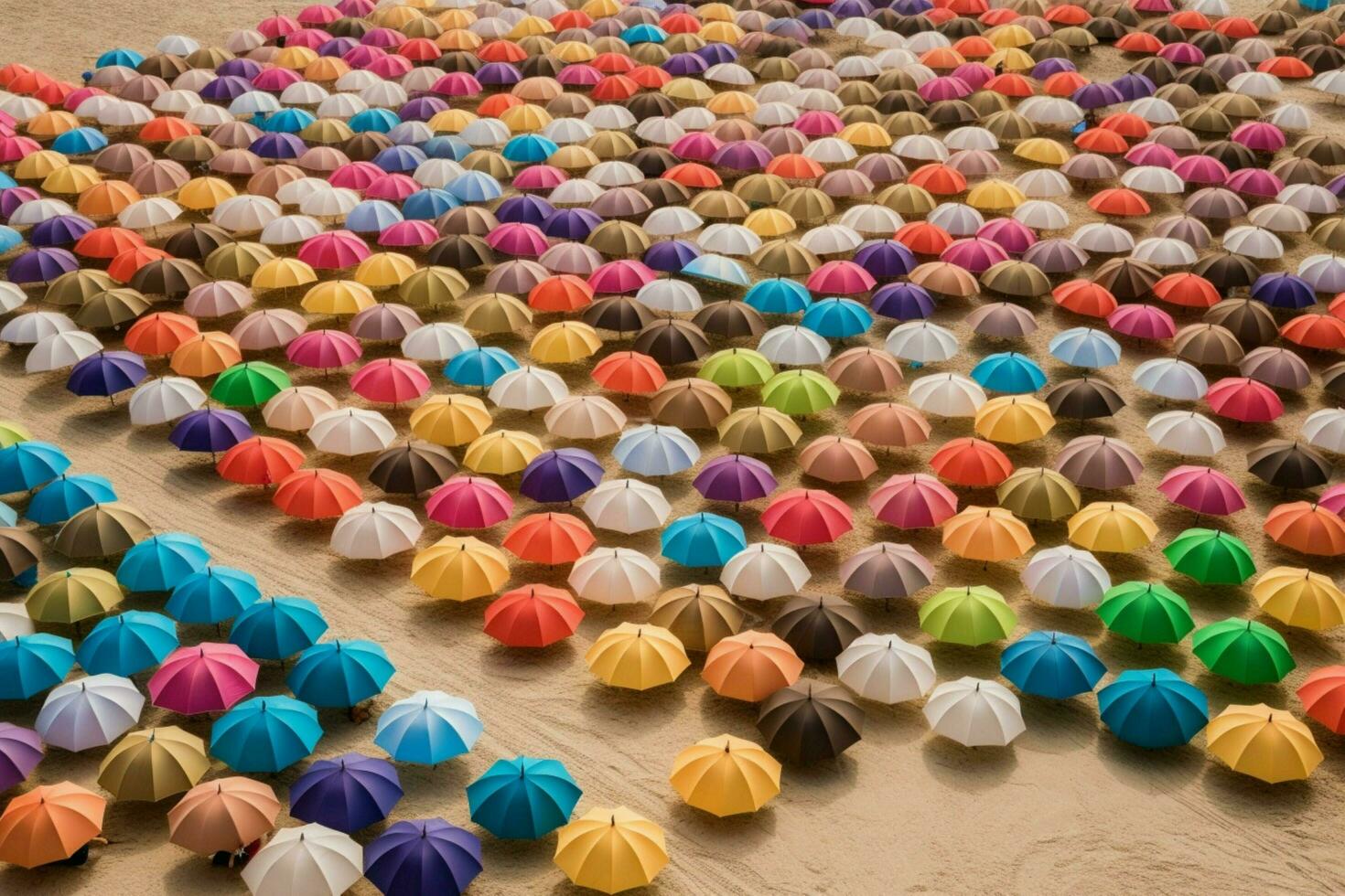 A rainbow of umbrellas dotting the sand photo