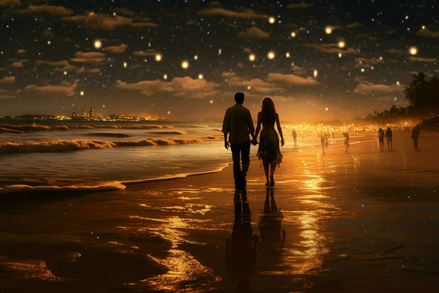 A romantic walk on the beach at night photo