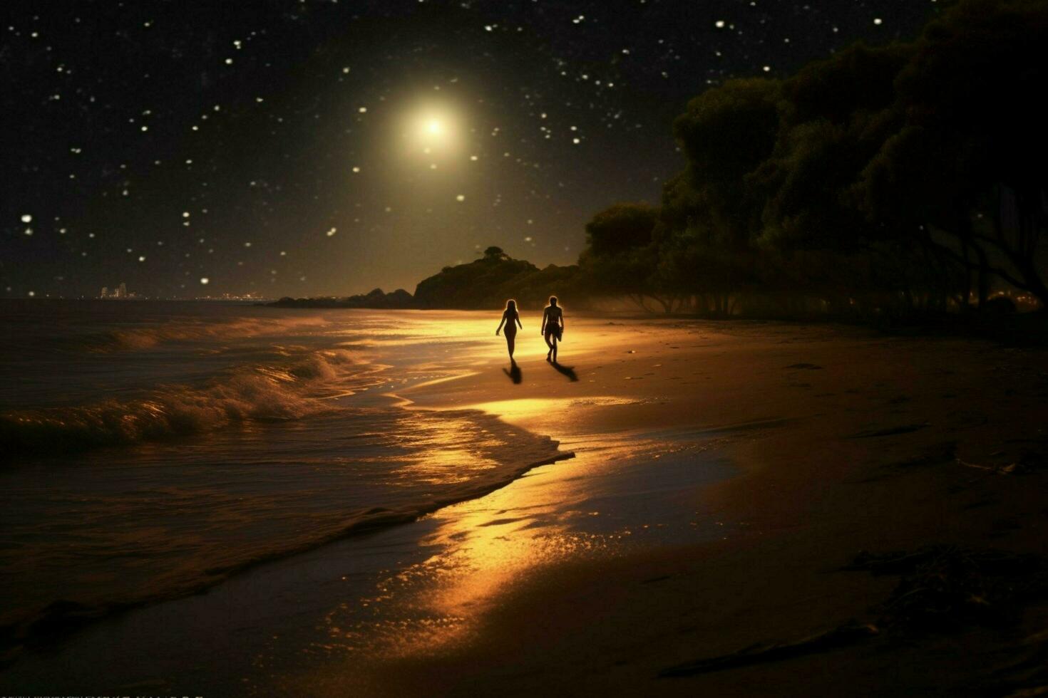 A romantic walk on the beach at night photo