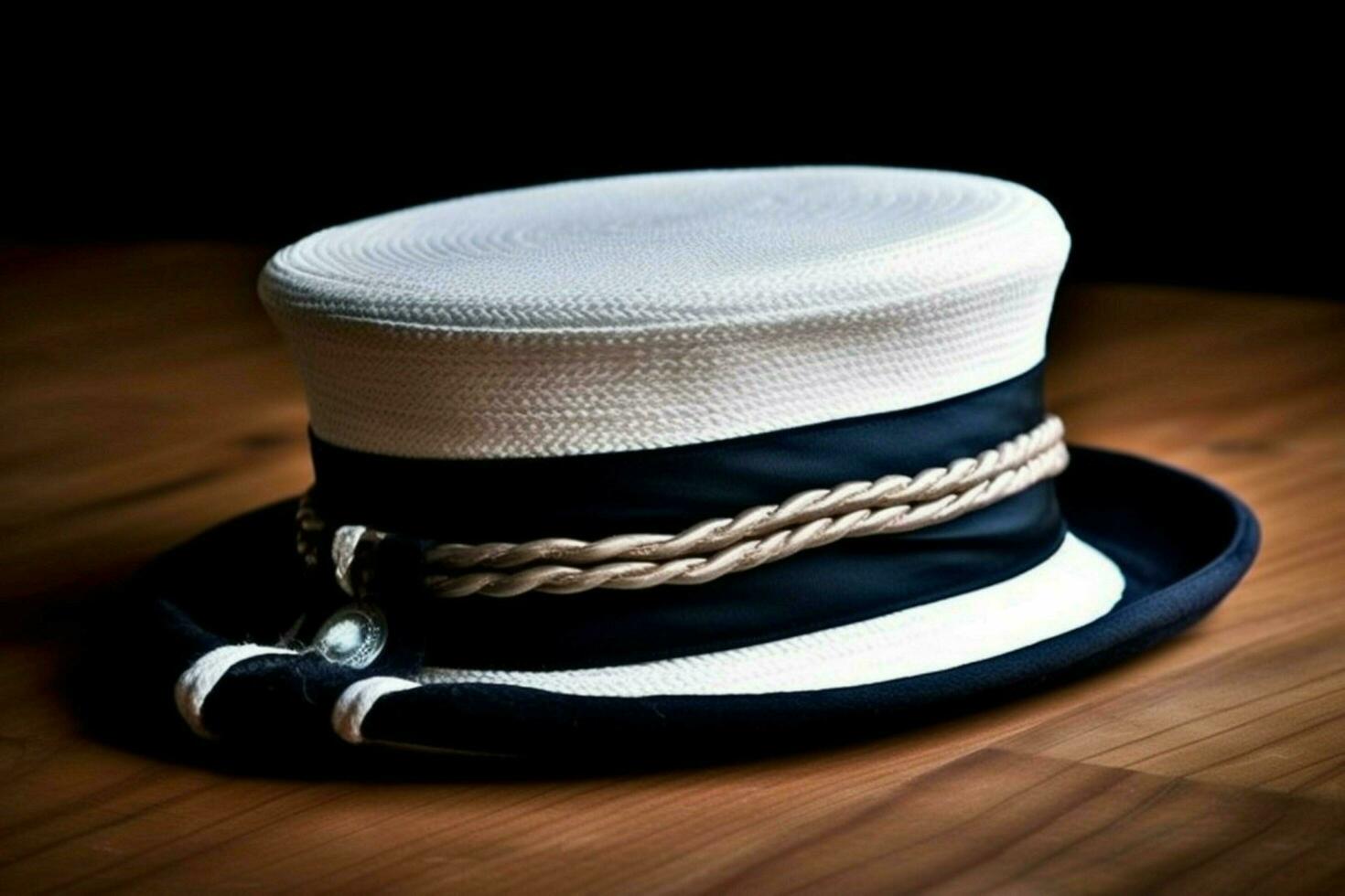 A sailors hat with a navy blue band photo