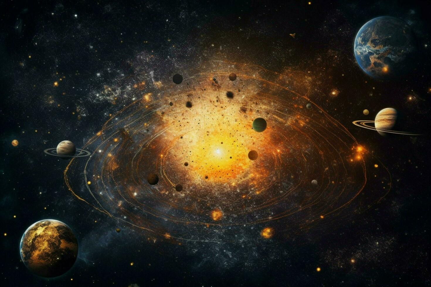 A solar system with multiple suns and moons photo