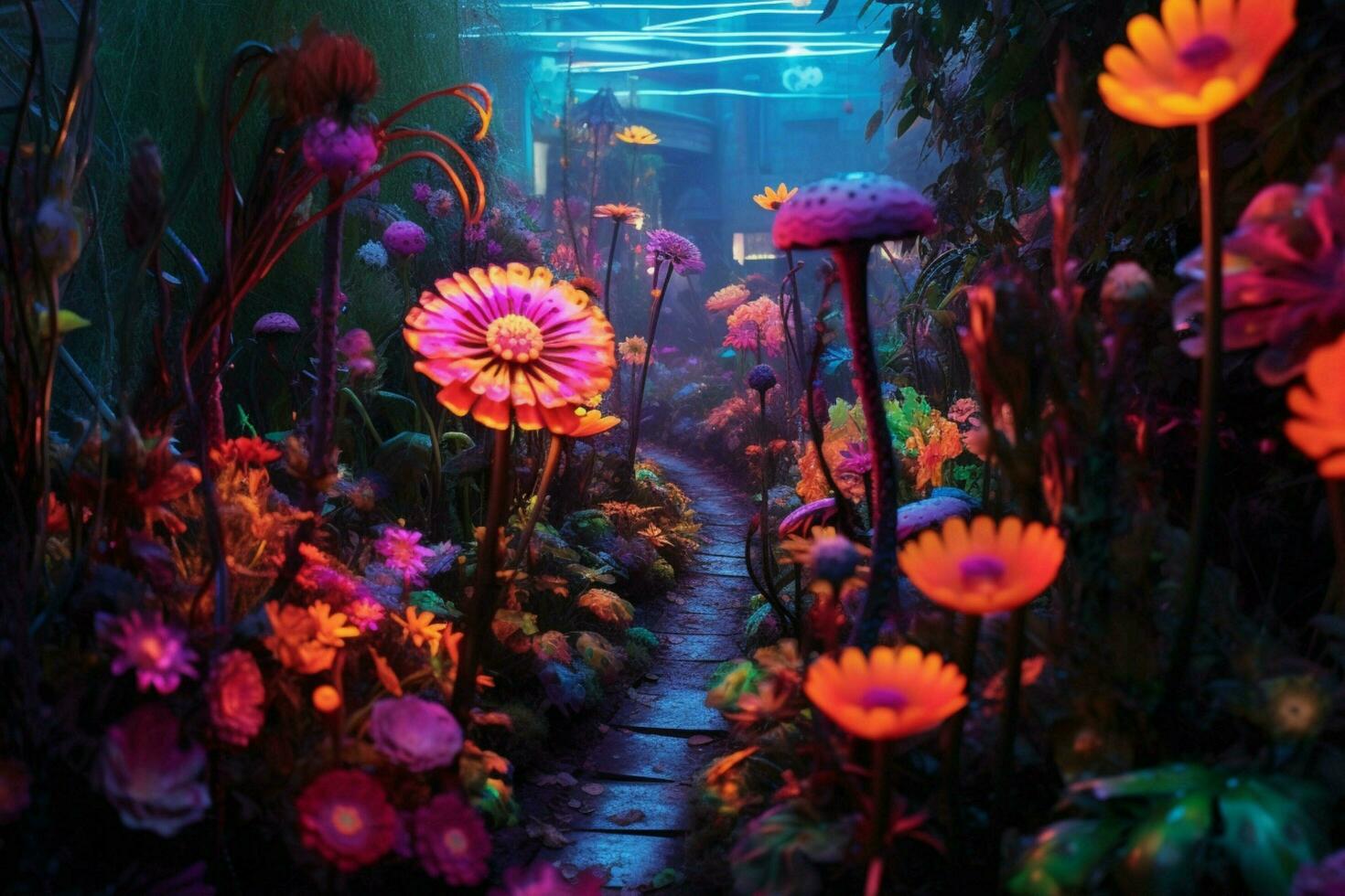 A technicolor garden with neon flowers photo