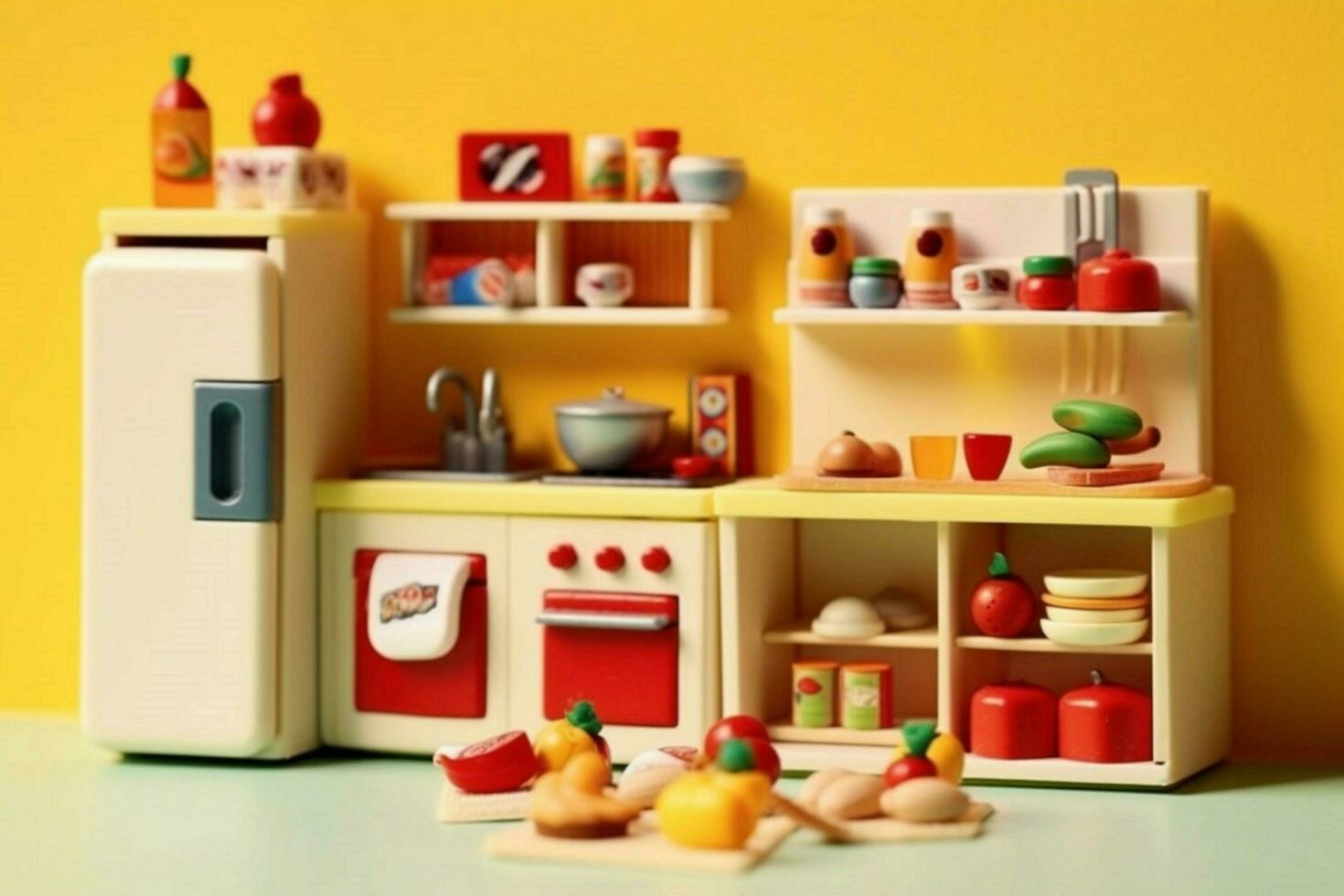 A toy kitchen with pretend food photo