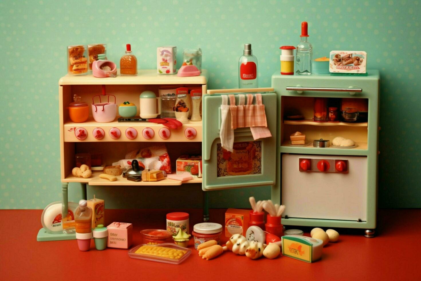 A toy kitchen with pretend food photo