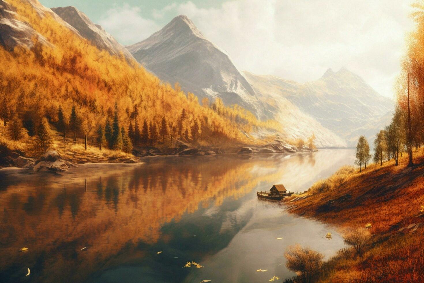 A tranquil mountain lake with autumn foliage photo