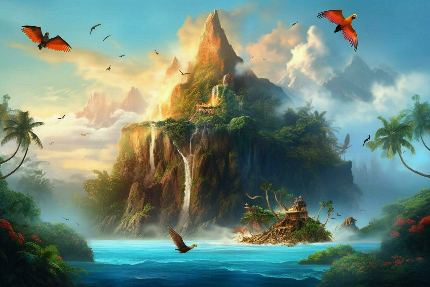 A tropical island with a volcano and parrots photo