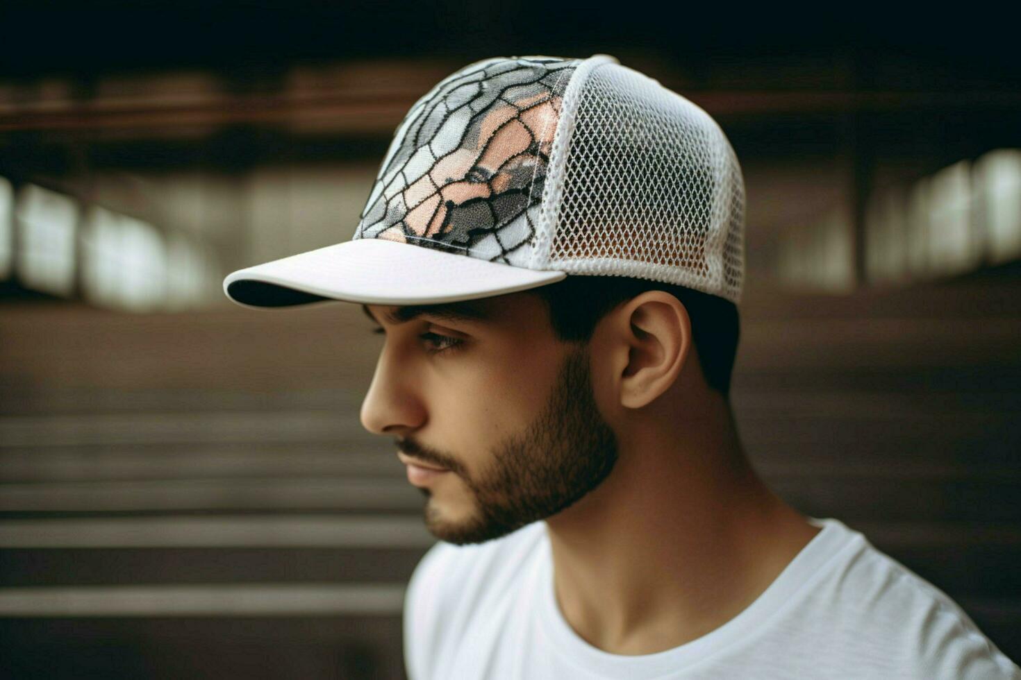 A trucker hat with a mesh back photo