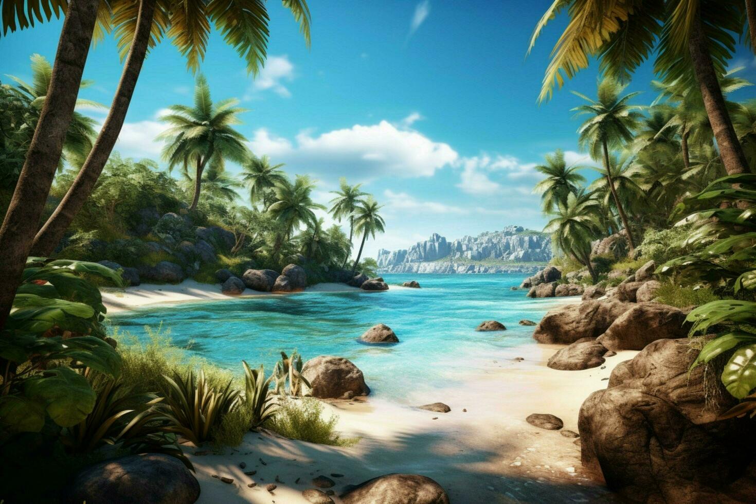 A tropical paradise with palm trees swaying in the photo