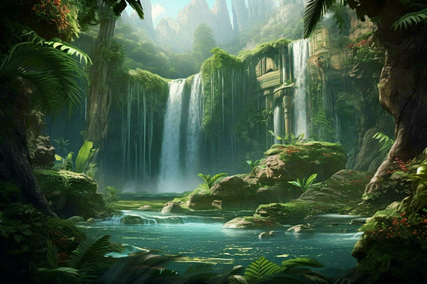 A waterfall in a lush oasis photo