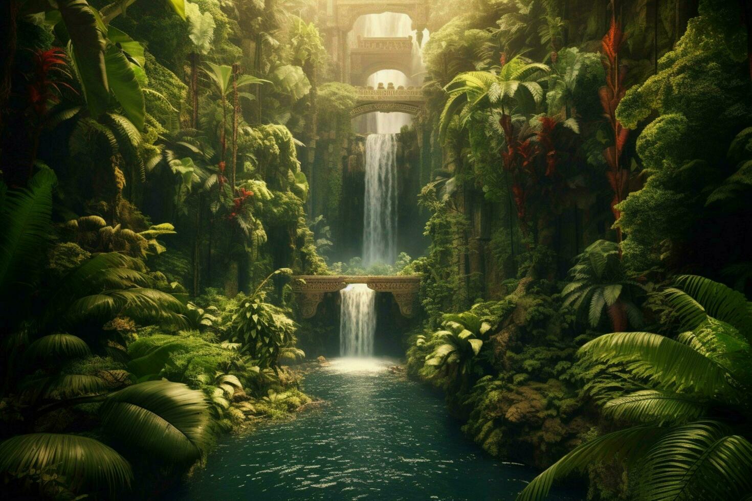 A waterfall in a lush oasis photo