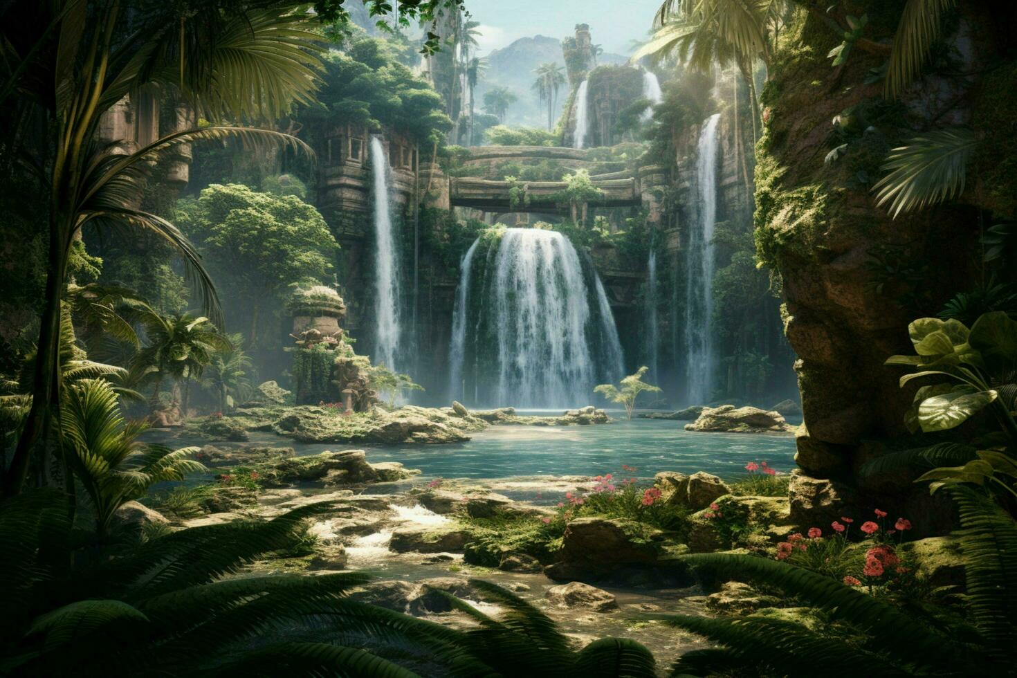 A waterfall in a lush oasis photo