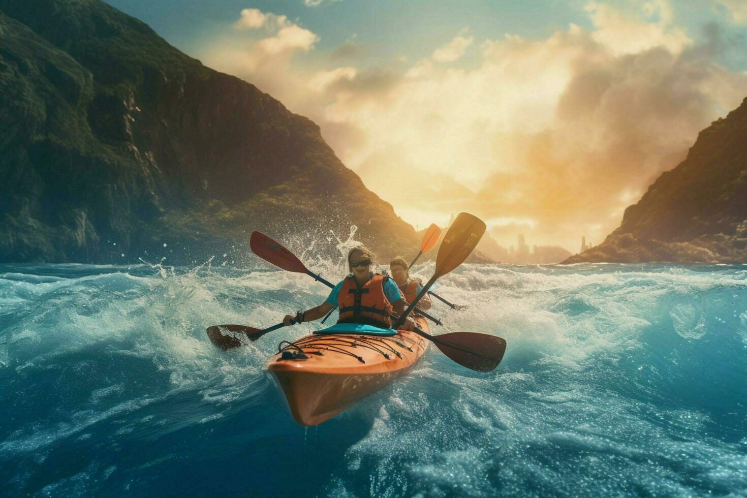 Adventure lovers kayaking in the sea photo