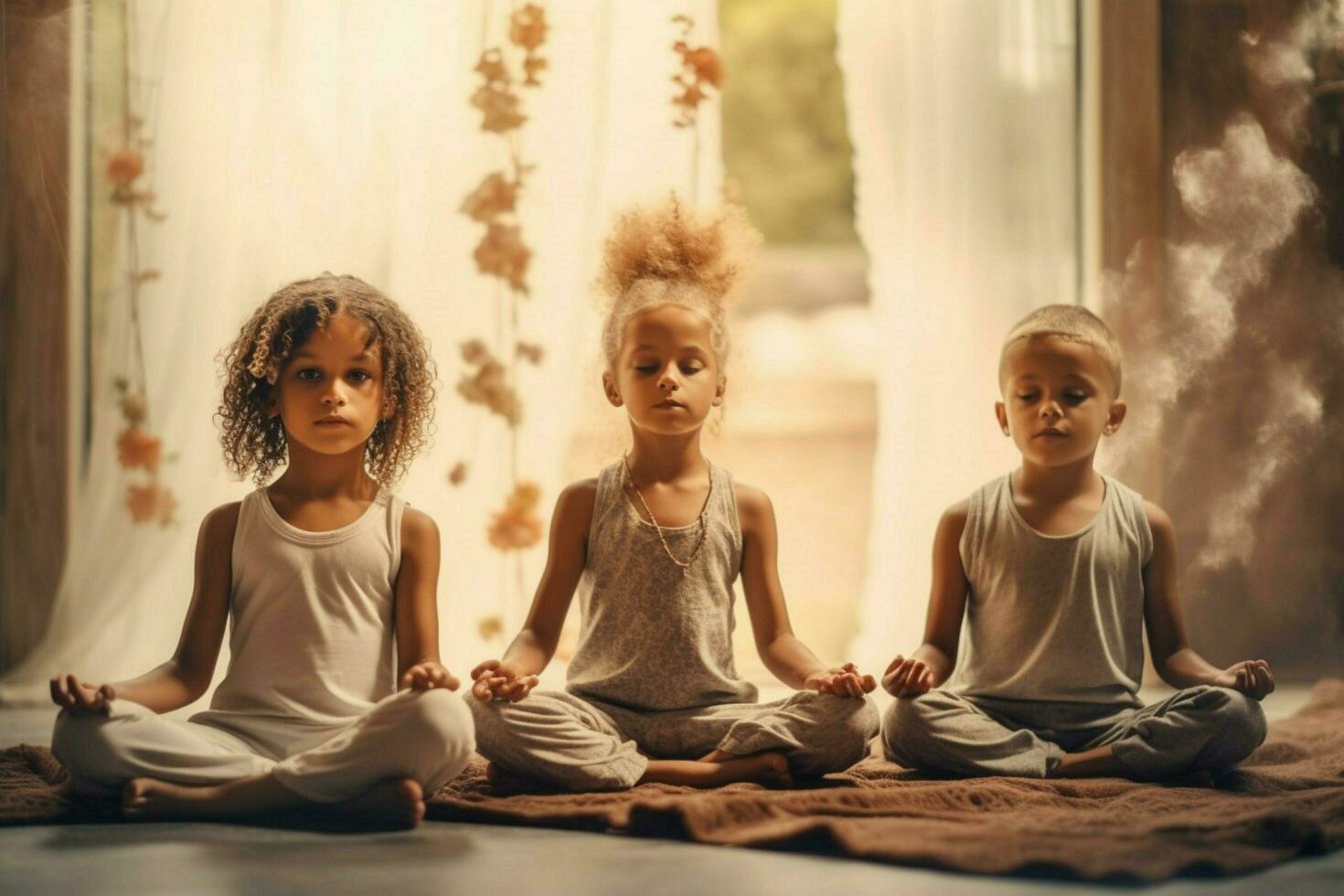 Children doing yoga and meditation together photo