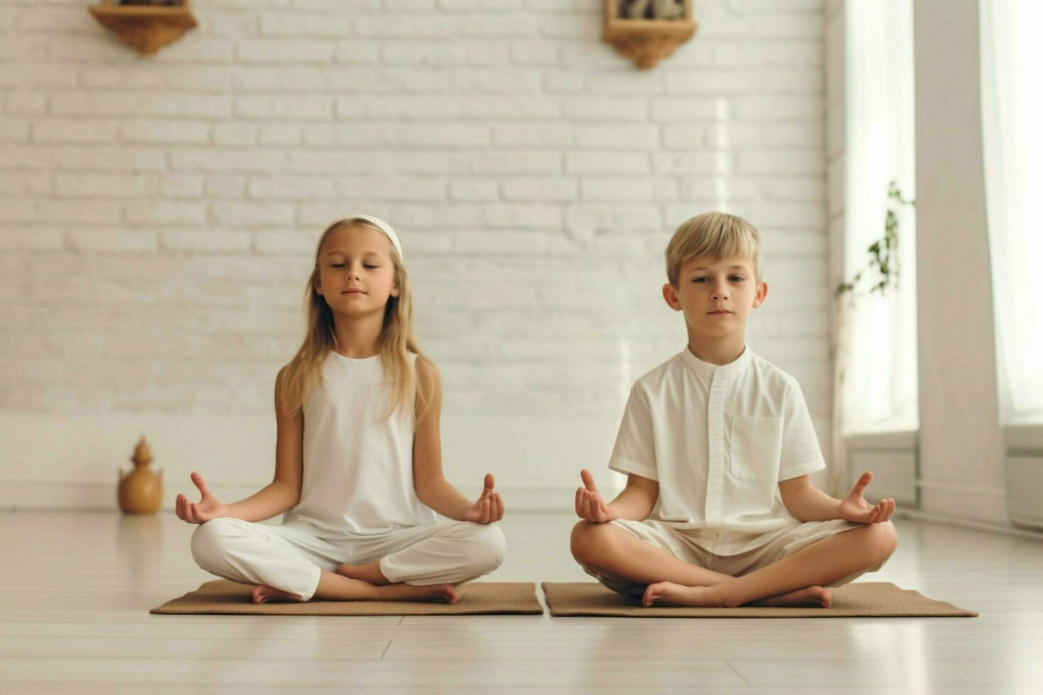 Children doing yoga and meditation together photo