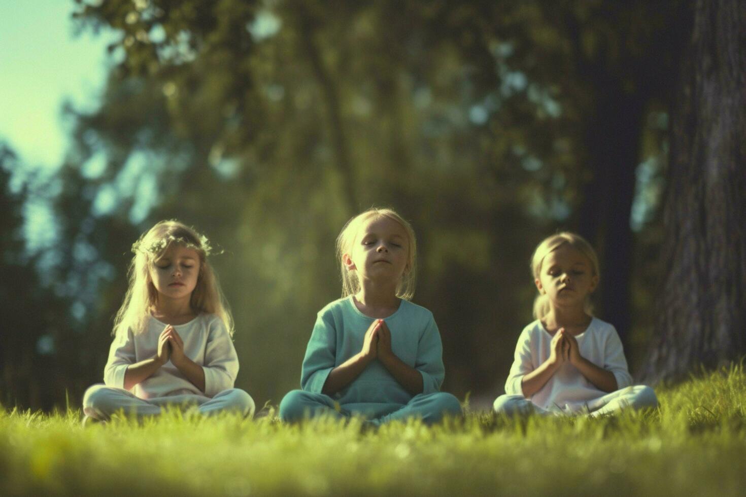 Children doing yoga and meditation together photo