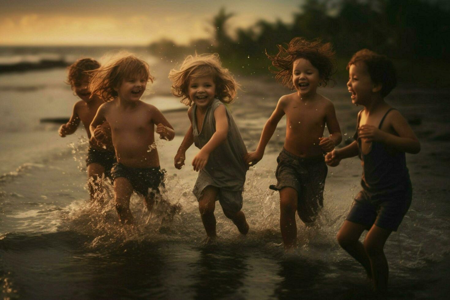 Children giggling and playing on the shore photo