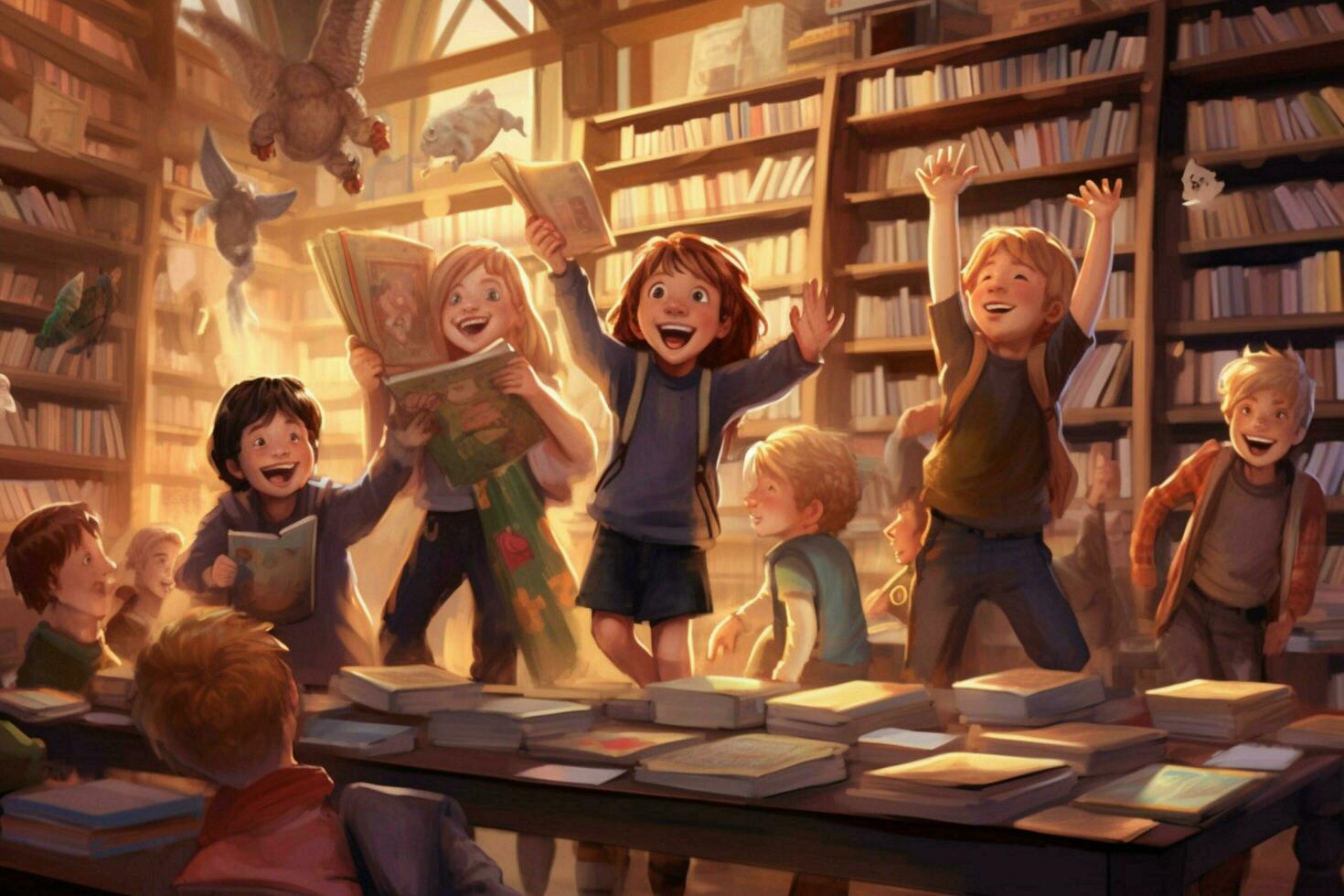 Children having a fun time at the library photo