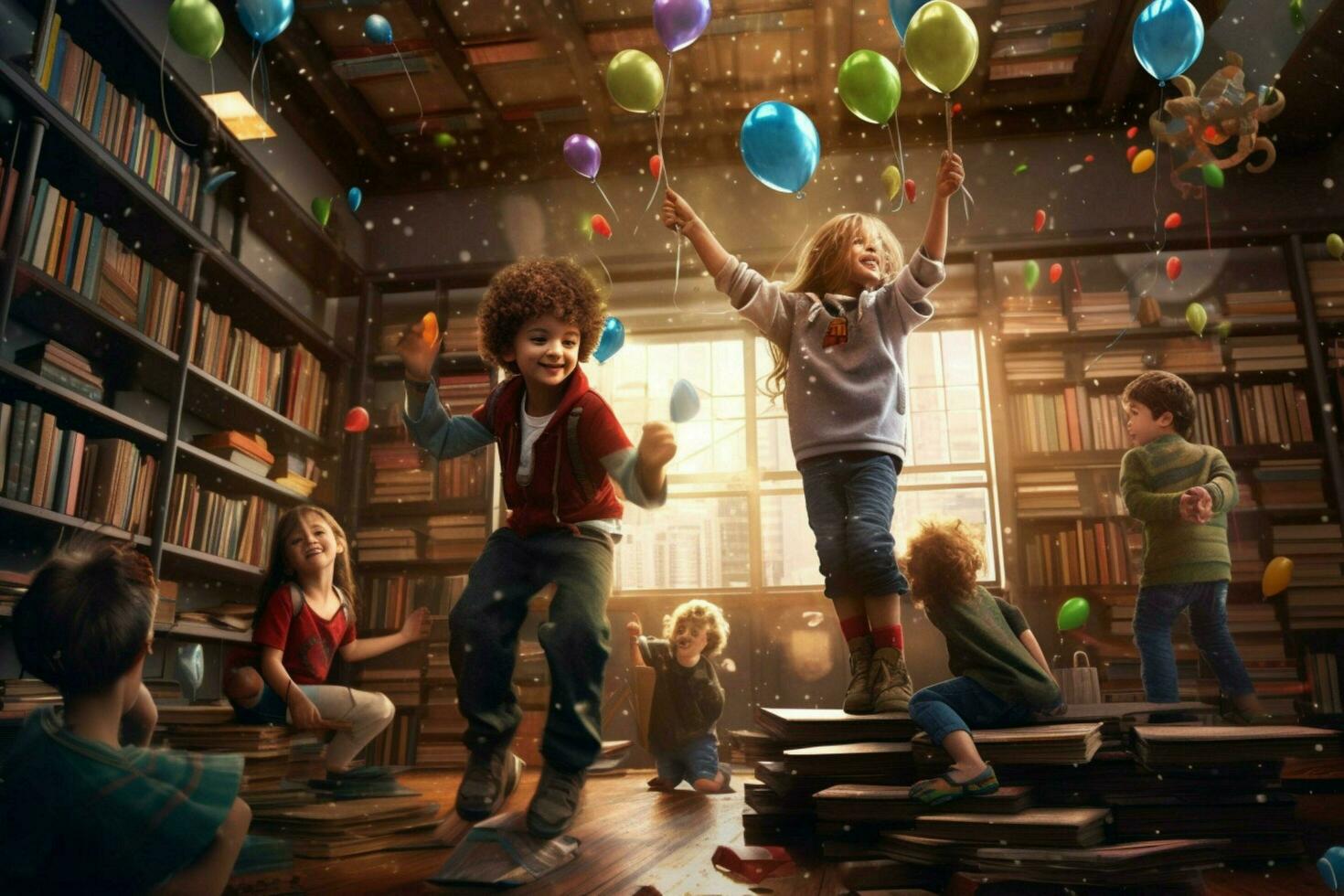 Children having a fun time at the library photo