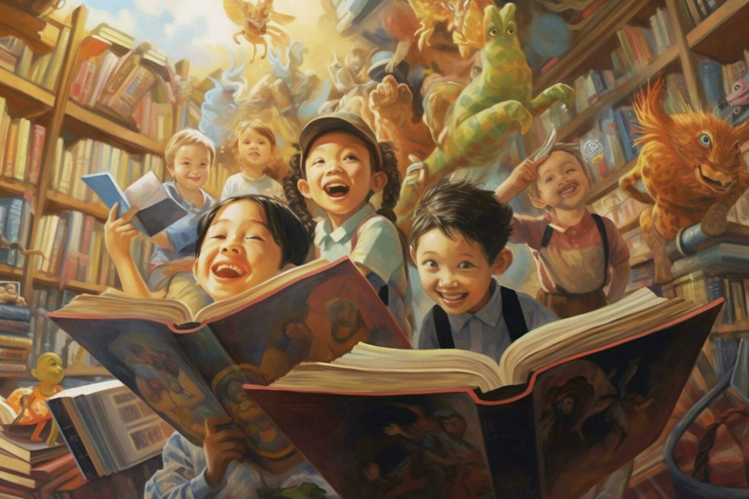 Children having a fun time at the library photo