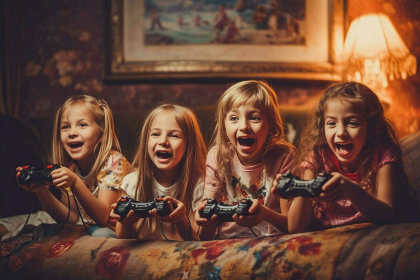 Children having fun playing video games with friend photo