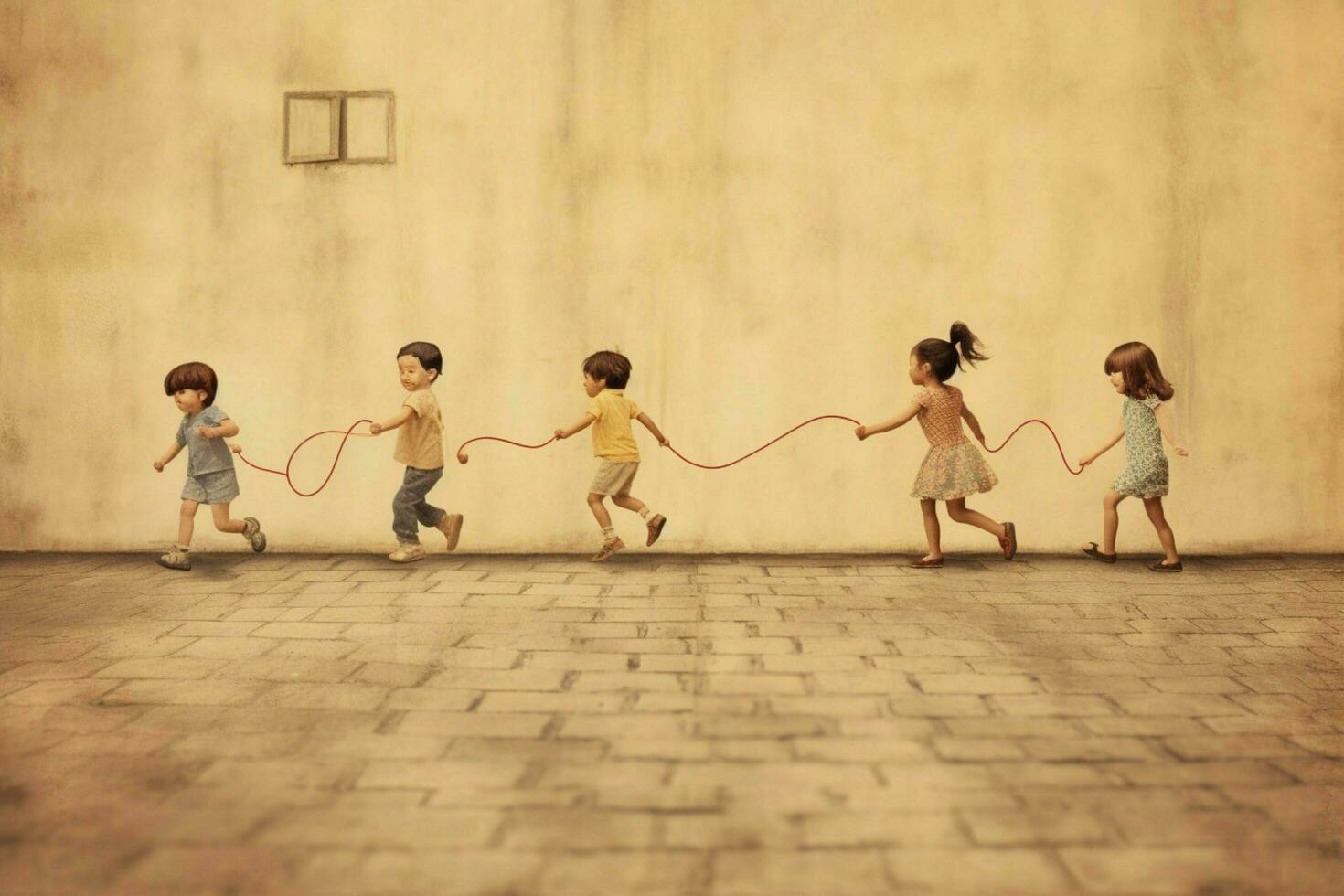 Children jumping rope and playing hopscotch photo