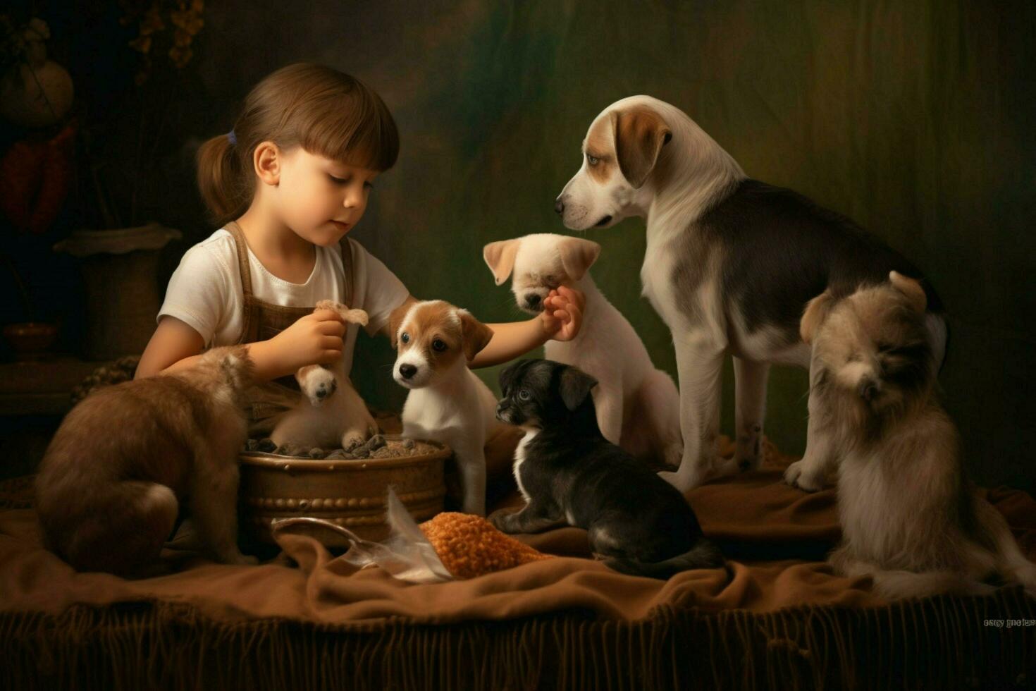 Children playing with puppies and kittens photo