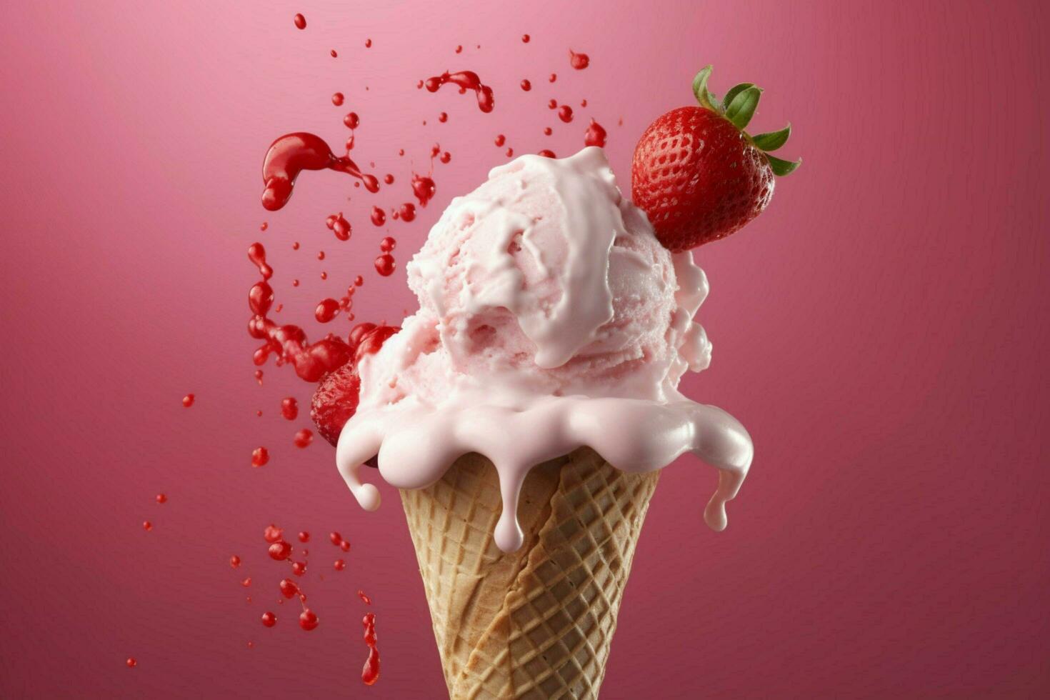 Delicious strawberry ice cream in cone floating in photo