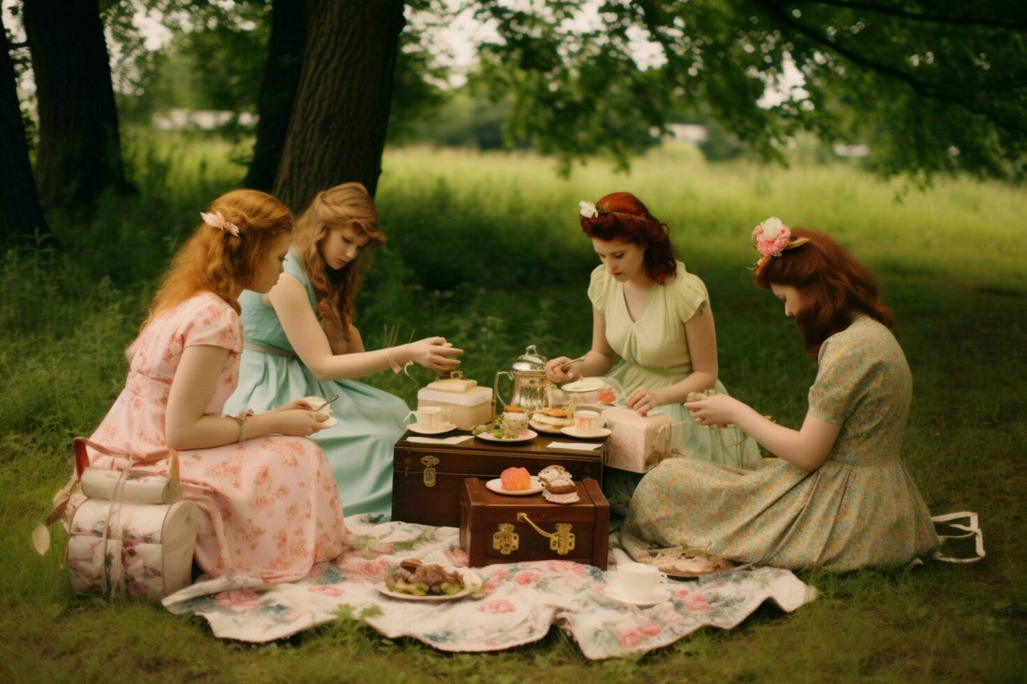 Having a picnic tea party with friends photo