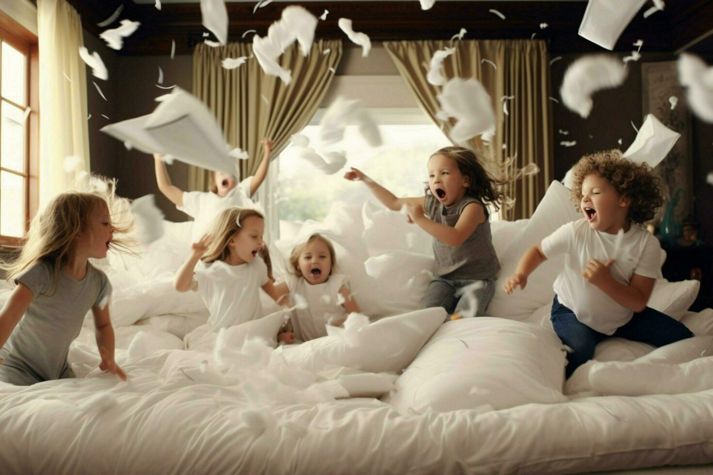 Kids having a pillow fight photo