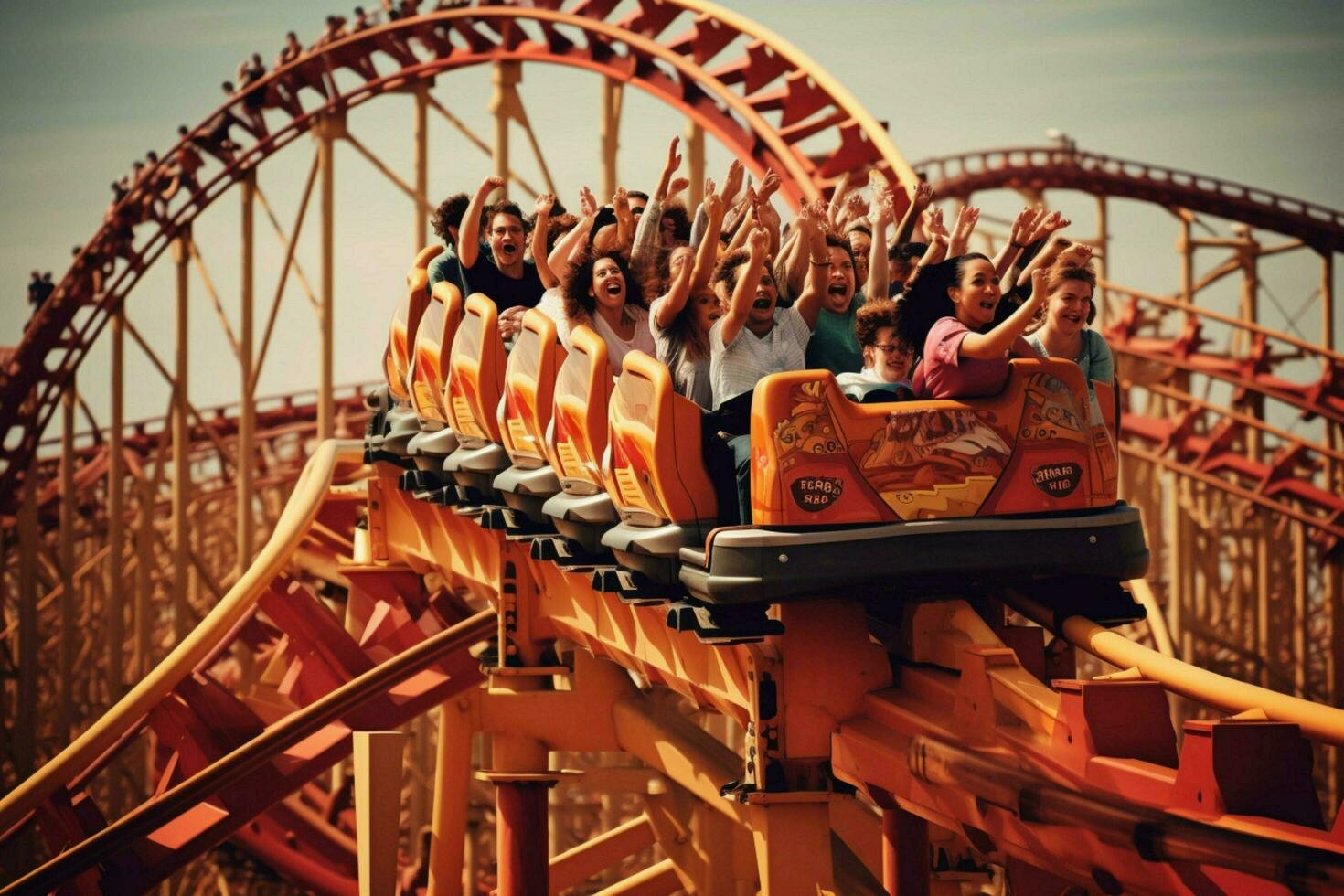 Kids enjoying roller coasters at an amusement park photo
