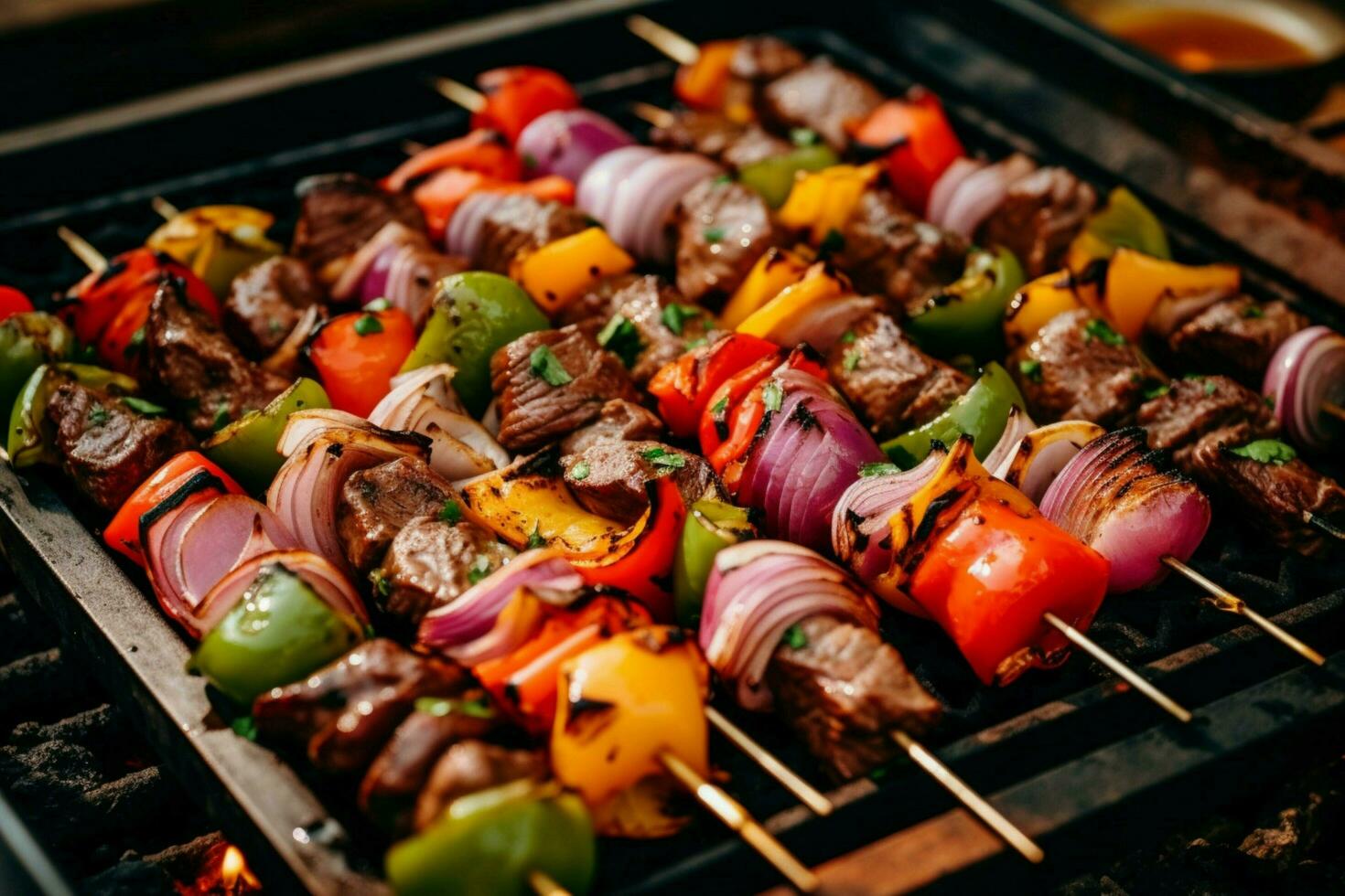 Marinated beef skewers paired with bell peppers and photo