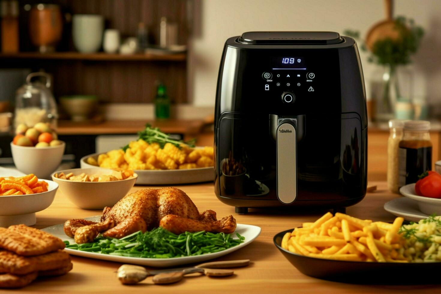 Realistic photo of air fryer on a table full of ric 30625910 Stock